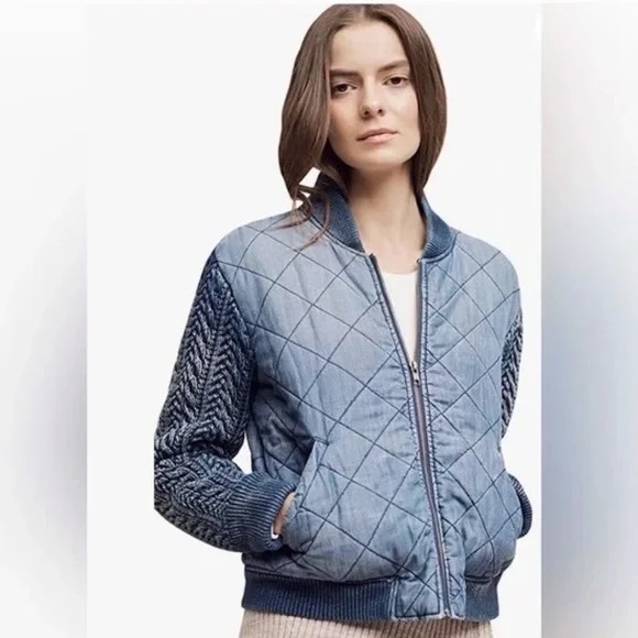 Anthropologie Cloth & Stone Quilted Chambray Bomber Jacket Small - Picture 7 of 10